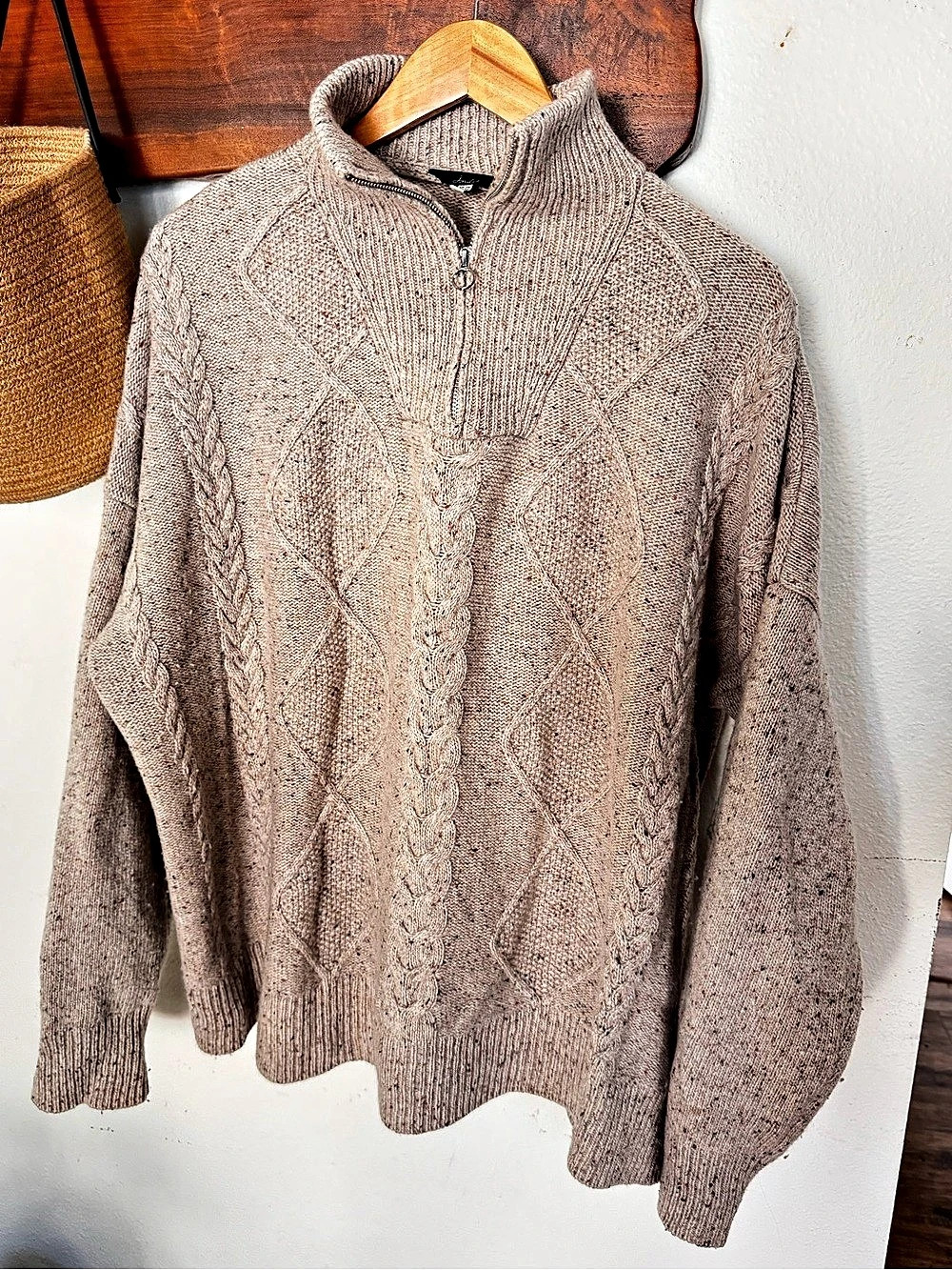 Joules Esme Oat Cable Knit Quarter Zip Wool Blend Sweater XL